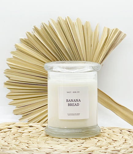  Banana bread scented soy wax candle for purchase at salt and SOL co candles made in hawaii
