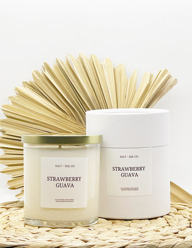 Strawberry guava luxury soy wax candle for sale at salt and sol co Hawaii candle company 