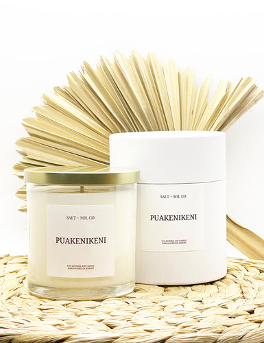 Puakenikeni luxury scented candles for sale at salt and SOL co Hawaiian candle company 