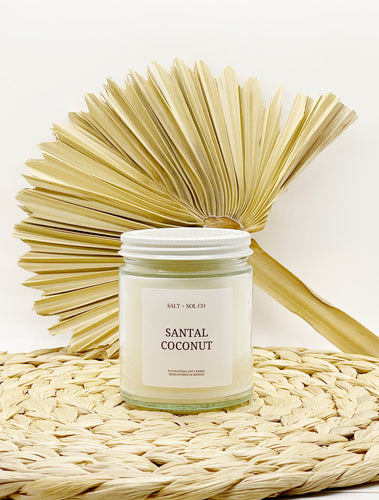 santal coconut soy wax candle for sale at salt + sol co candles hand poured in hawaii