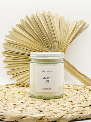 Luxury Maile Lei all natural soy wax candle made in hawaii for sale at salt and SOL co Hawaii candle company 