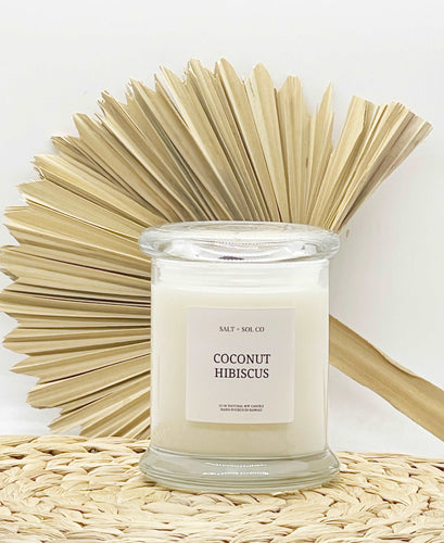 Coconut hibiscus pure soy wax candles available for wholesale at salt and SOL co candle company made in Hawaii 