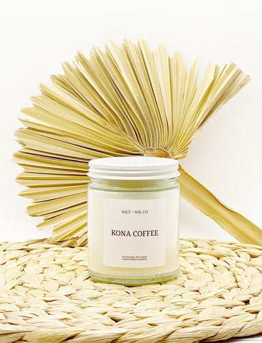 hand poured luxury Kona coffee scented candles made by salt and SOL co Hawaii candle company