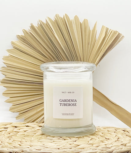Gardenia tuberose luxury soy wax scented candles hand poured at salt and SOL co Hawaii candle company