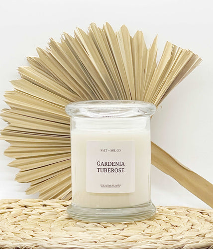 Gardenia Tuberose soy wax scented candles made in Hawaii at salt and sol co business