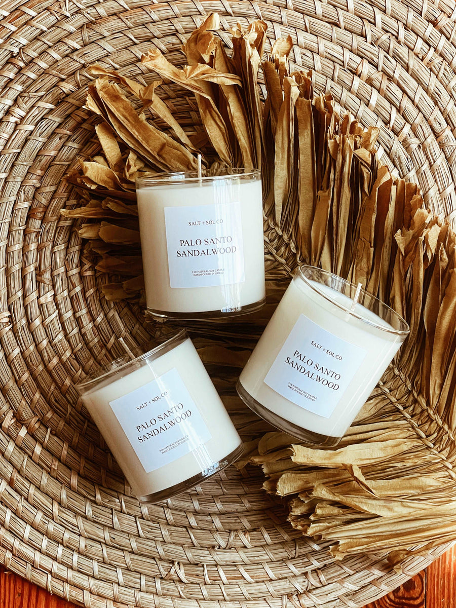 Palo santo sandalwood soy wax scented all natural candle available for wholesale at salt and SOL co candles