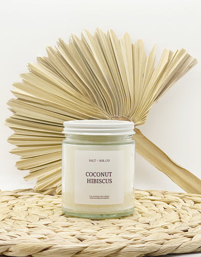 Coconut Hibiscus Soy wax luxury scented candle available for wholesale at salt + SOL co candles made in Hawaii 