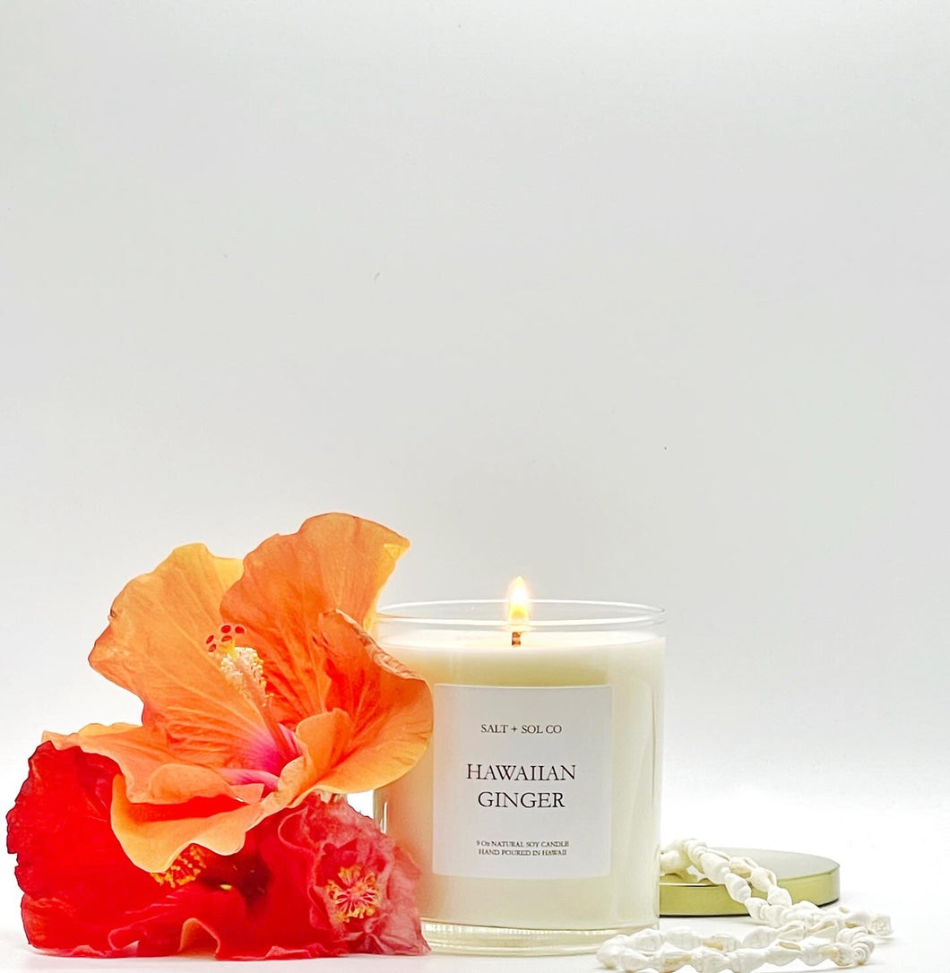 Hawaiian Ginger Soy Wax Scented candles for sale at salt and SOL co candle company made in Hawaii 