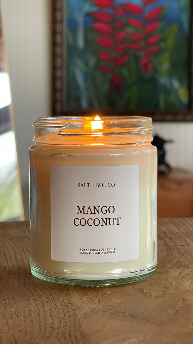 Shop the best mango coconut soy wax candles at salt and SOL co candle business in hawaii