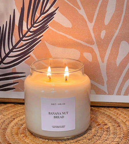Banana nut bread luxury soy candle made in Hawaii at salt + SOL co