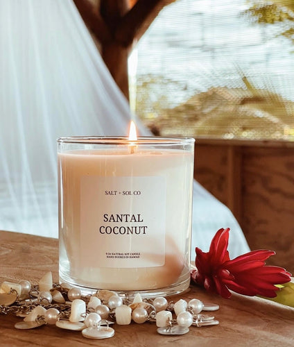 Santal and coconut soy wax scented candle for sale at salt and SOL co Hawaii candle company 