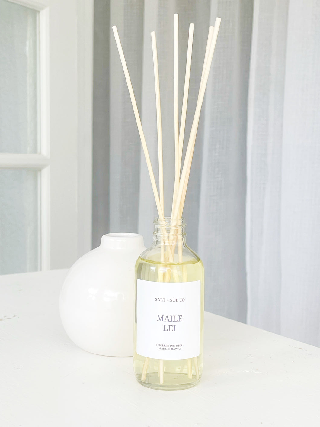 Maile lei scented reed diffuser for sale at salt + SOL co made in Hawaii 