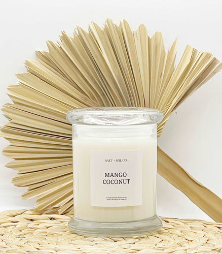 Mango coconut luxury soy wax candles for sale at salt and SOL co candle company made in Hawaii 