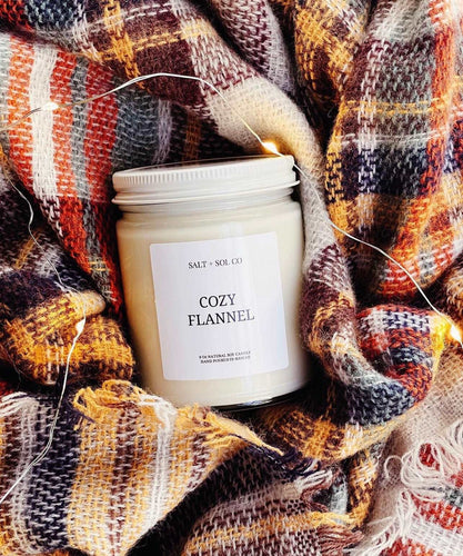 Cozy flannel scented fall candles for sale at salt and SOL co candle company