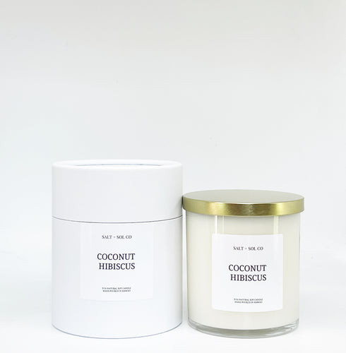 Coconut hibiscus scented candle made in Hawaii at salt + sol co business
