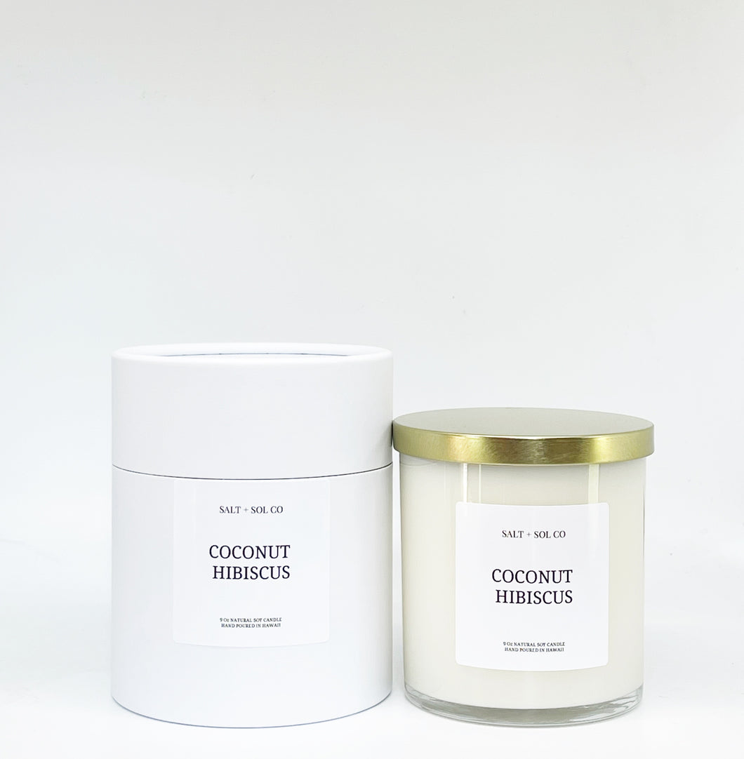 Coconut hibiscus scented candle made in Hawaii at salt + sol co business