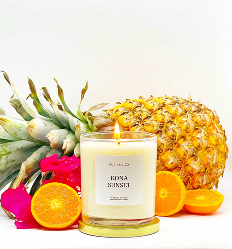 Kona sunset luxury scented candle hand poured at salt and SOL co candle business 