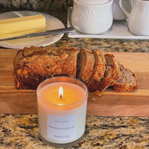 banana bread scented candle made in hawaii  at salt and  sol co candle business avaiable for wholesale