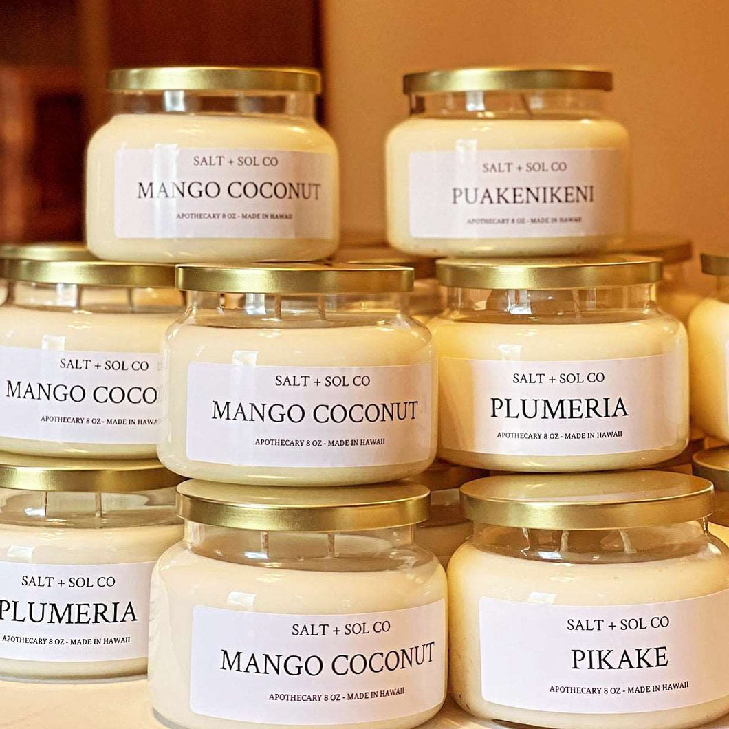 Purchase wholesale luxury candles made in Hawaii. Hand-poured soy candles with tropical scents, perfect for retail and boutique shops at salt SOL co business