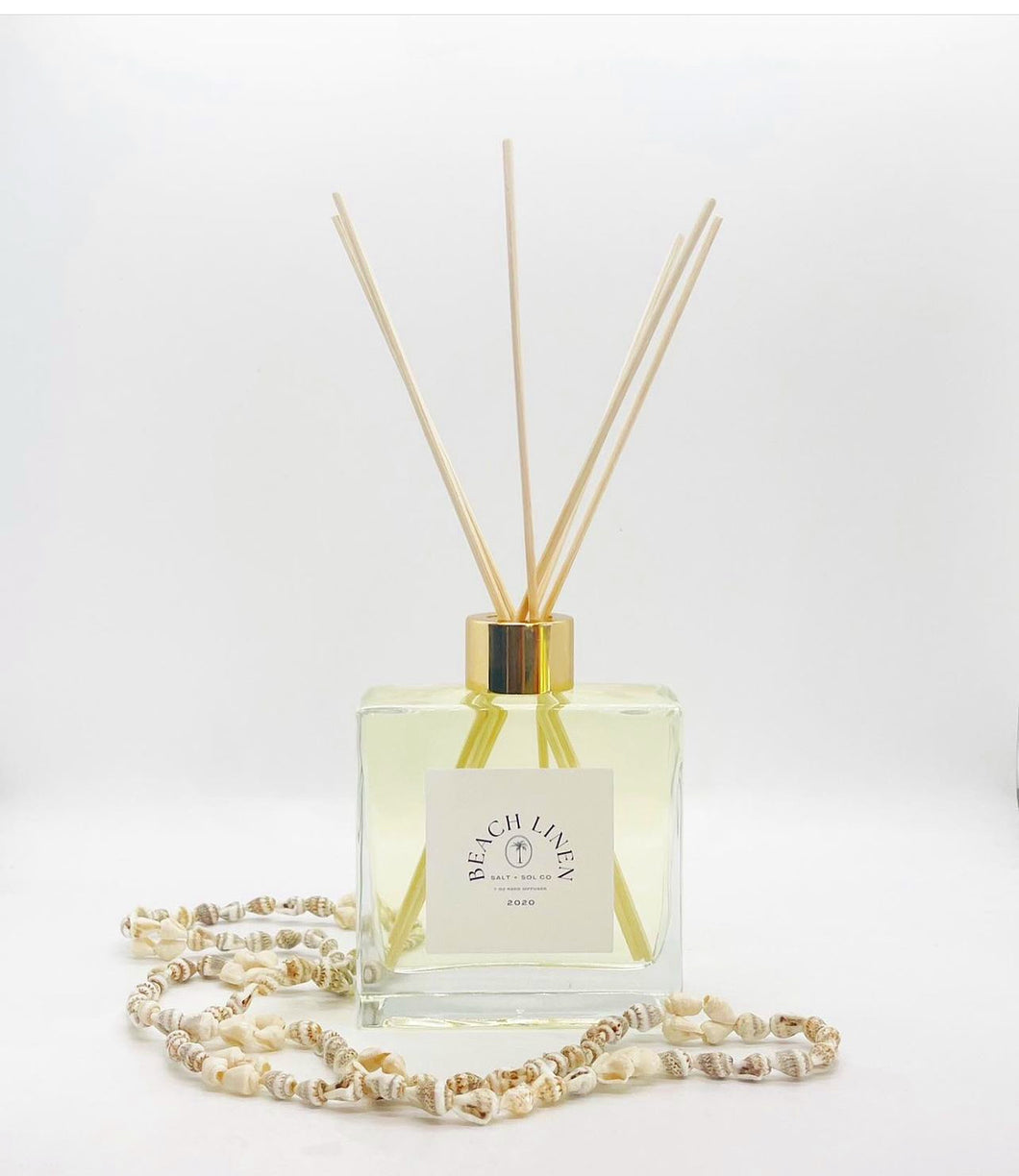Luxury Beach linen room diffuser available for purchase at salt + SOL co candles 