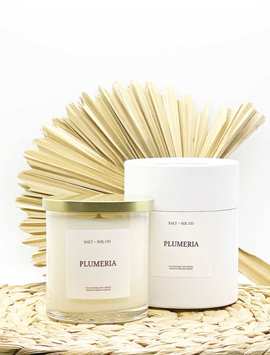 Plumeria luxury scented soy wax candle for sale at salt and SOL co candle business made in Hawaii 