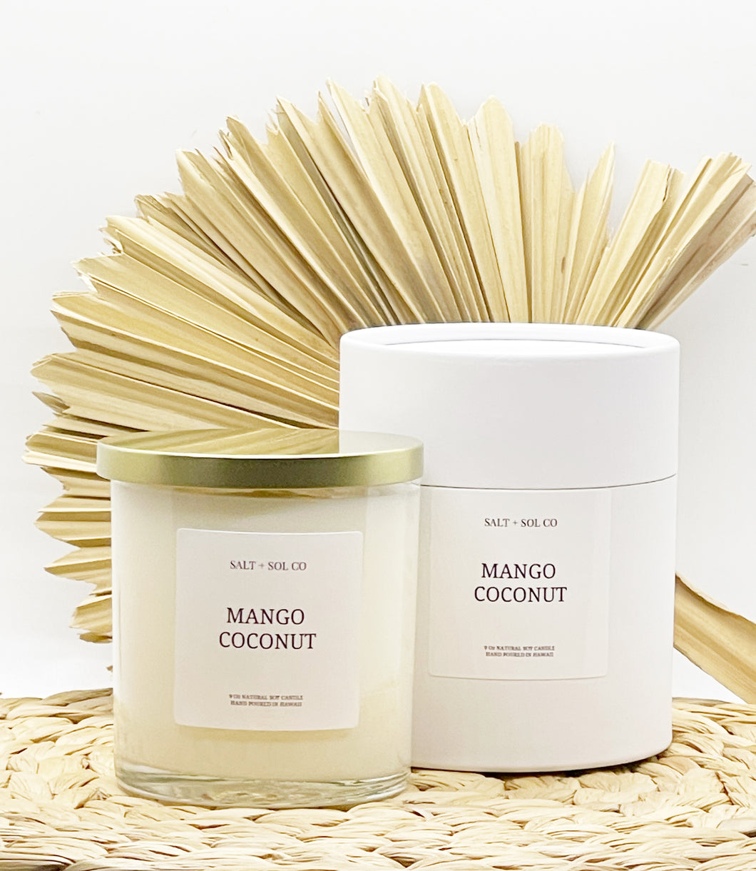 Mango coconut luxury soy wax candle made in Hawaii for sale at salt + SOL co candles