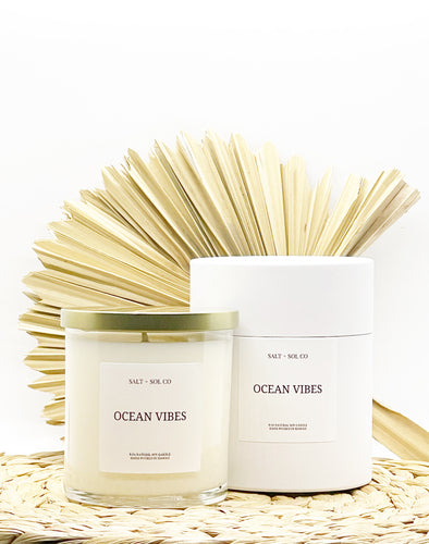 Ocean vibes luxury scented candle hand poured at salt and sol co Hawaii candle business