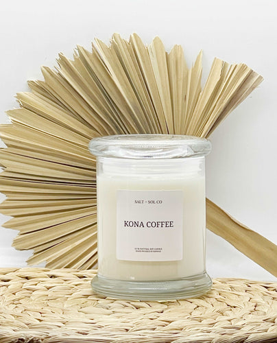 Luxury kona coffee Hawaiian scented candle available at salt and SOL candle company made in USA 