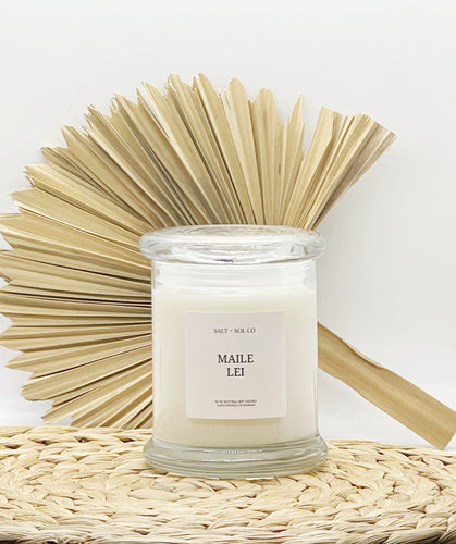 Luxury Maile lei soy wax candle hand poured in Hawaii at salt + SOL co candles