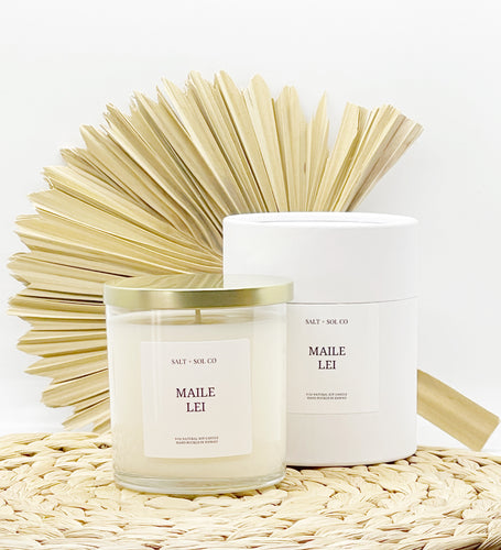 maile lei soy wax scented candles made by salt and SOL co Hawaii candle company 