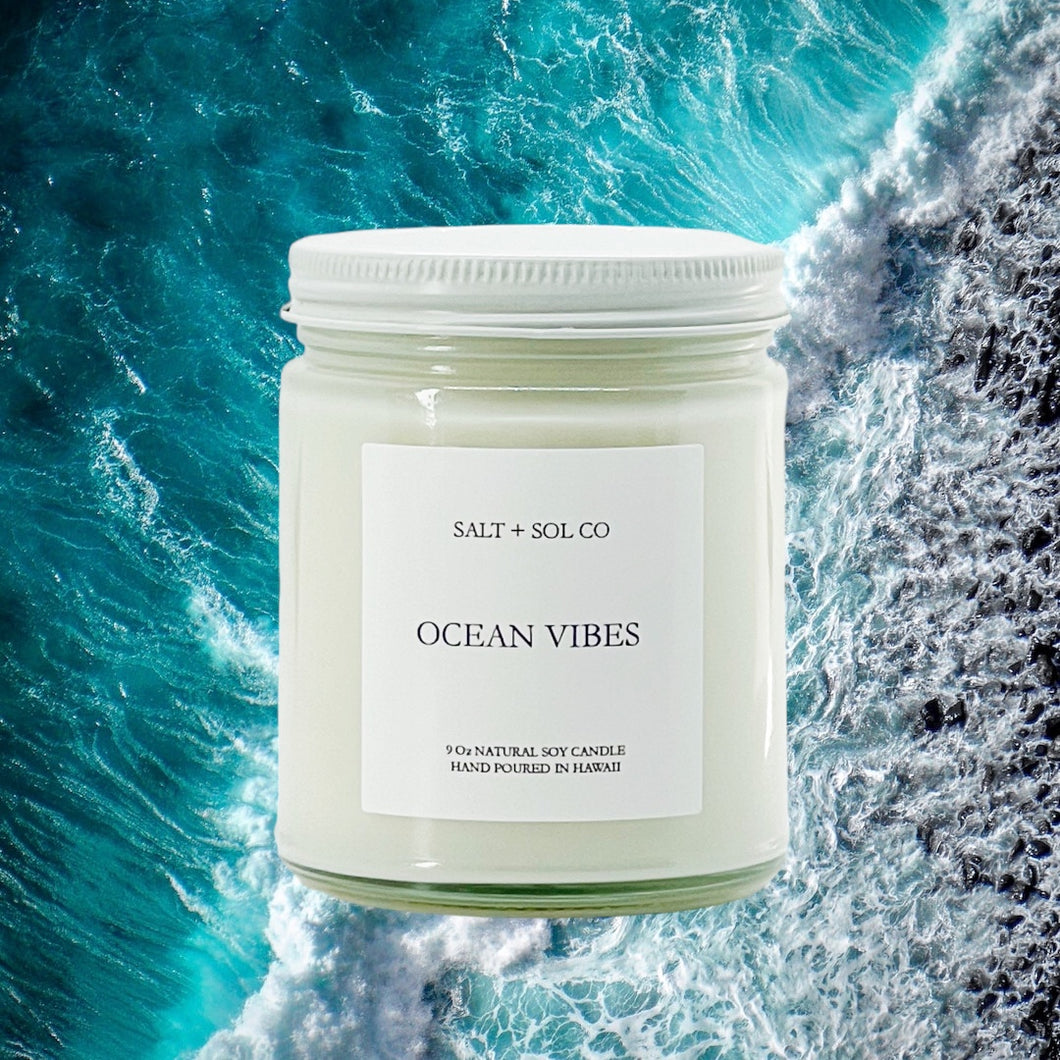 ocean vibes soy wax candles for sale at salt + sol co candles hand poured in hawaii
