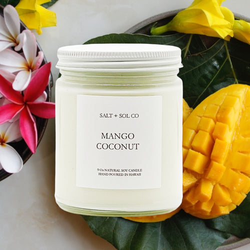 mango coconut soy wax candles for sale at salt + sol co candles hand poured in hawaii