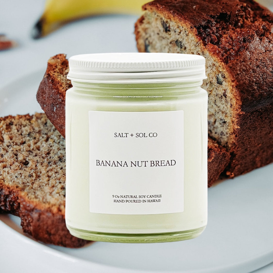 Banana nut bread soy wax candle for sale at salt +sol co candles hand poured in hawaii