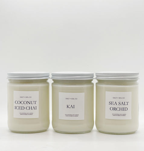 Hand poured soy wax scented candles made in Hawaii at salt + SOL co