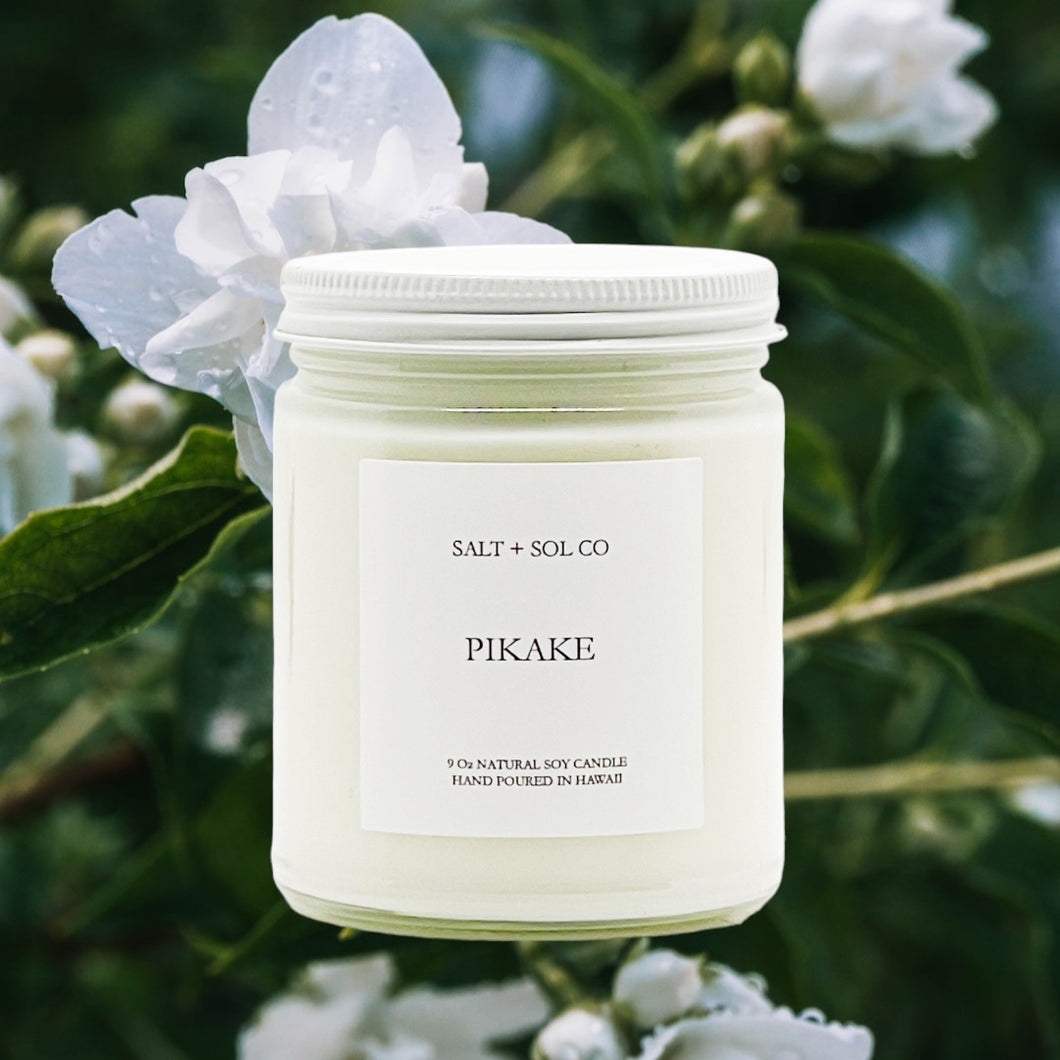 pikake soy wax candles for sale at salt + sol co candles hand poured in hawaii