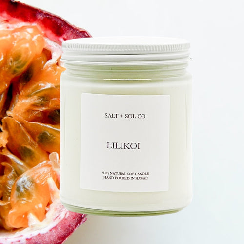 lilikoi soy wax candles for sale at salt + sol co candles hand poured in hawaii