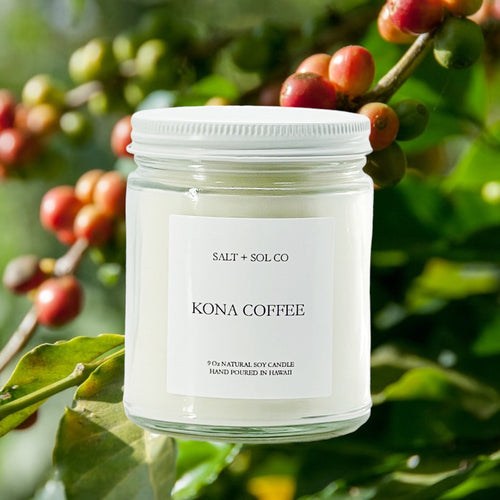 kona coffee soy wax candles for sale at salt + sol co candles hand poured in hawaii